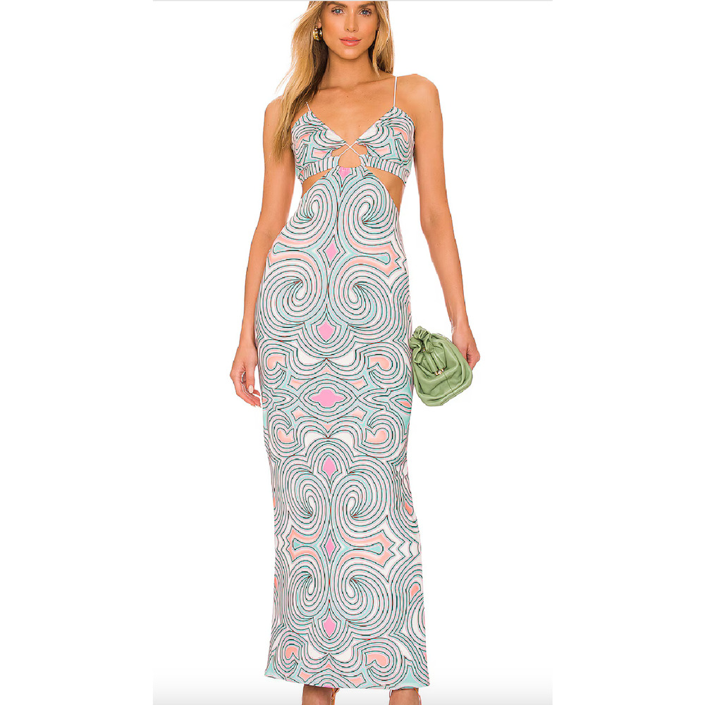 AFRM Colima Dress - Pastel Geo, Waist Cut-Out, Women’s XS, Slinky Pull-On Style